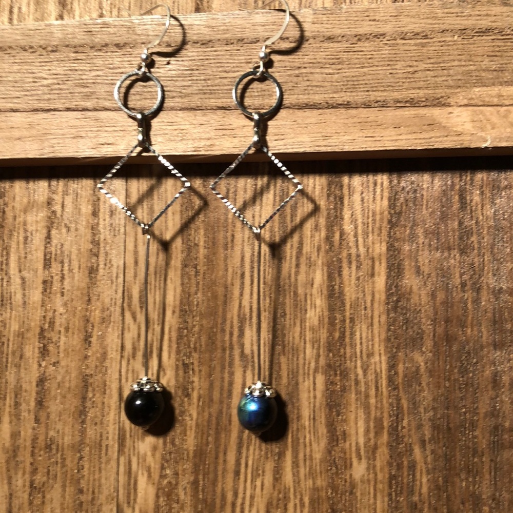 3inch silver and peacock glass bead earrings.